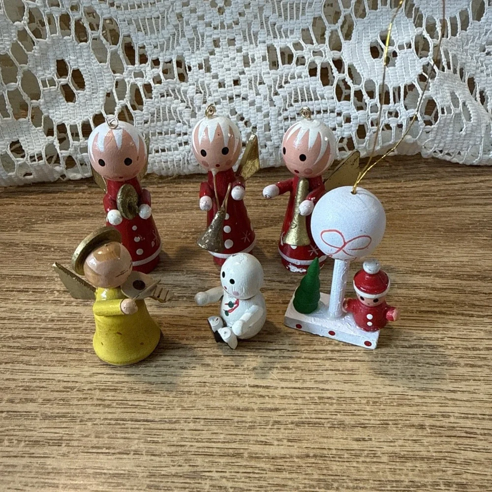 6 Vintage Wooden Christmas Ornaments